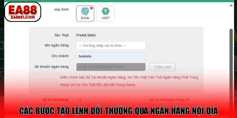 Các bước tạo lệnh đổi thưởng qua ngân hàng nội địa