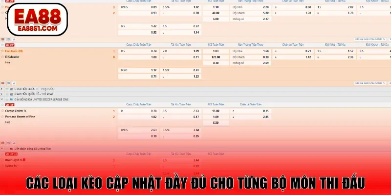 Các loại kèo cập nhật đầy đủ cho từng bộ môn thi đấu