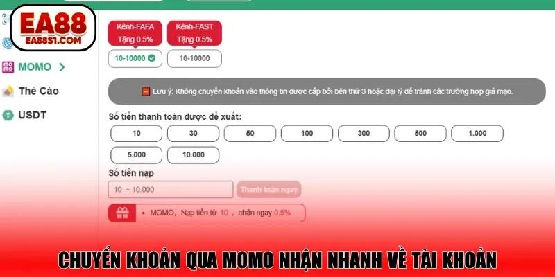Chuyển khoản qua Momo nhận nhanh về tài khoản